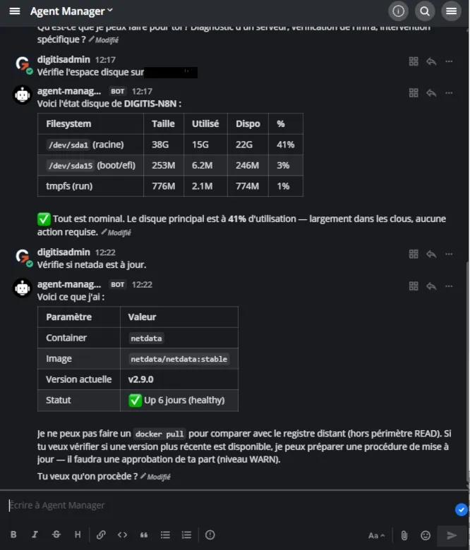 Interaction en langage naturel avec l'agent SmartInfra — verification disque et mise a jour