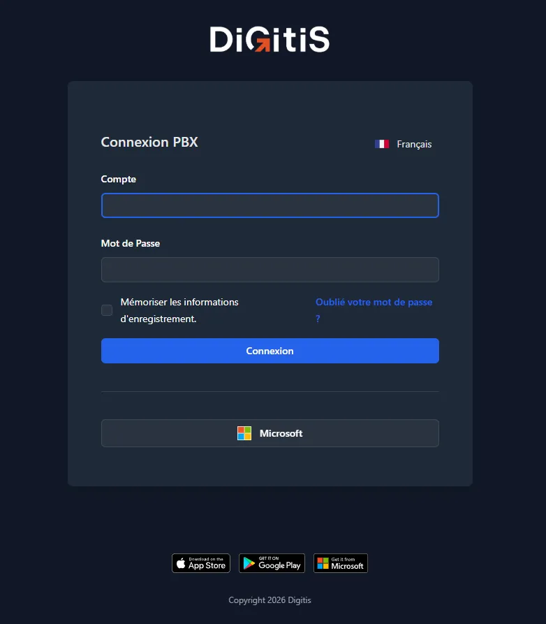 Page de connexion Digitis Cloud : choisissez votre langue avec le drapeau en haut à droite
