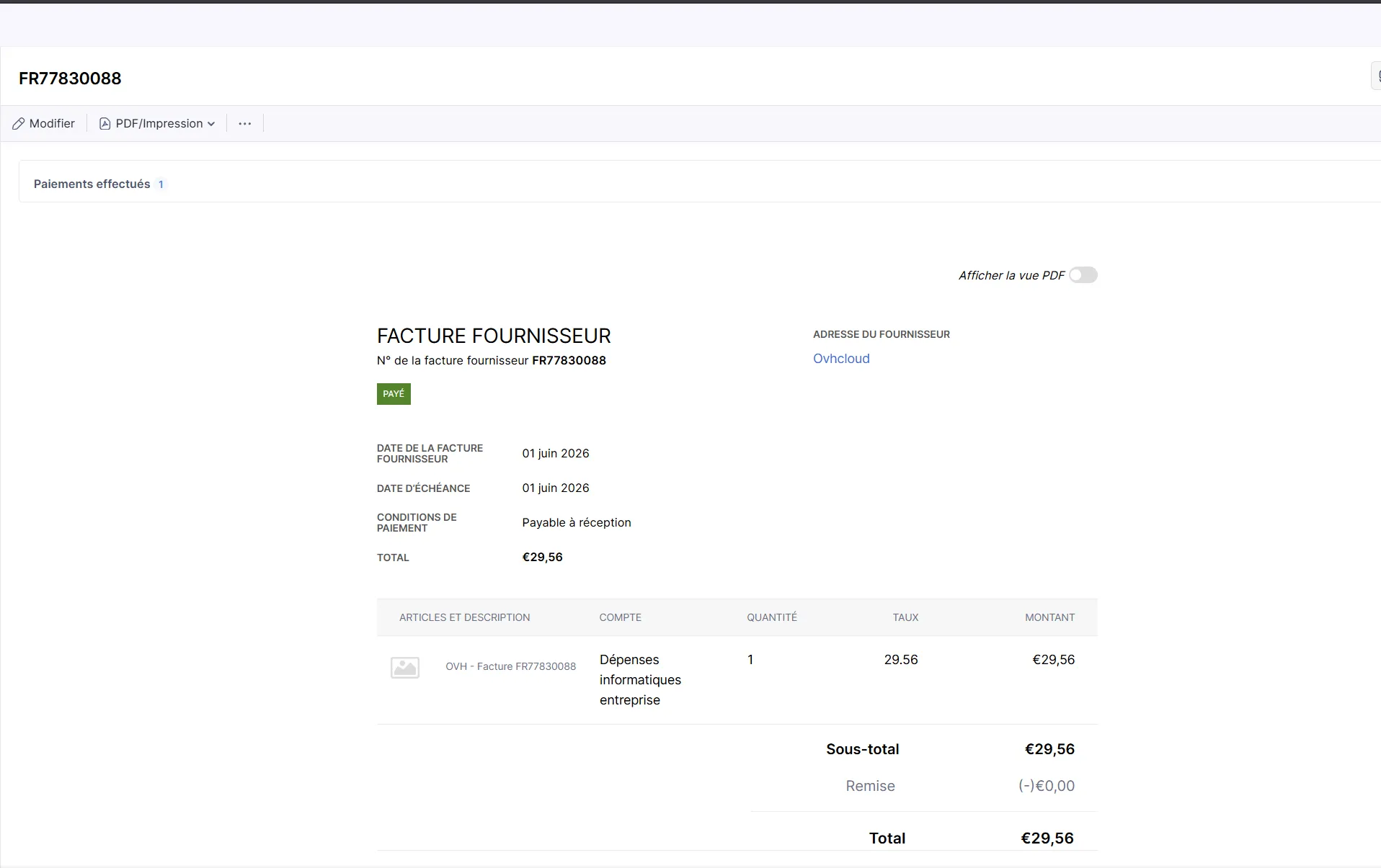 Facture fournisseur créée automatiquement dans la comptabilité à partir du PDF reçu par email