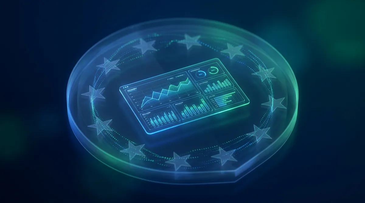 Un tableau de bord d'analytics web entouré d'un symbole de protection des données européen