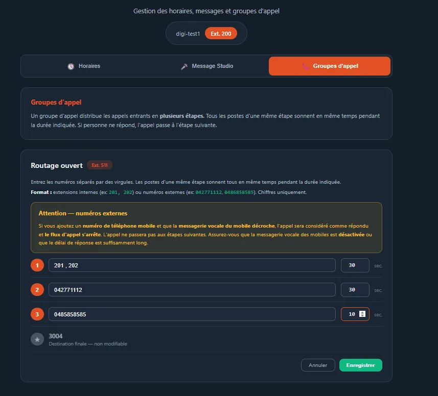 Mode modification d’un groupe d’appel dans le portail d’administration