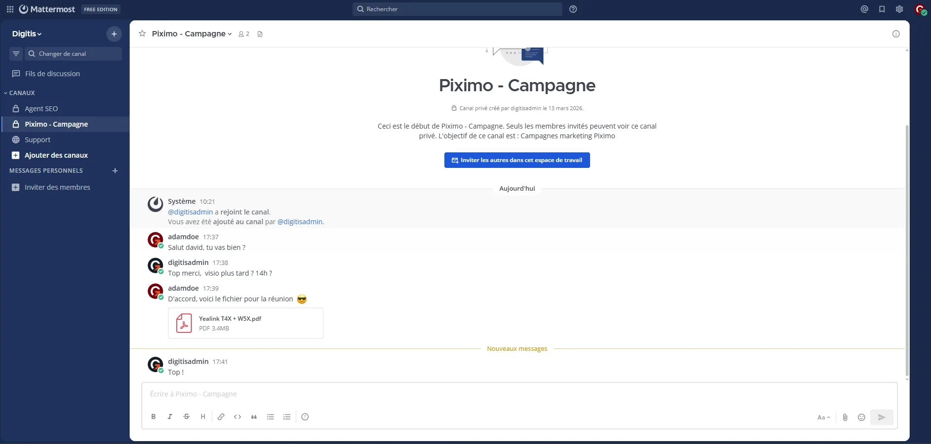 Interface de messagerie d'equipe — canaux, chat et partage de fichiers