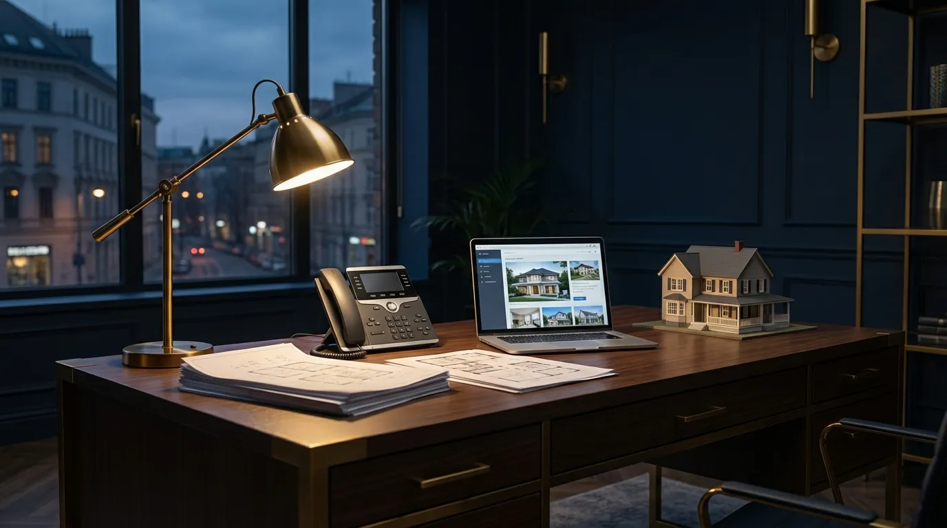 Agent immobilier presentant une maison avec les outils téléphoniques Digitis