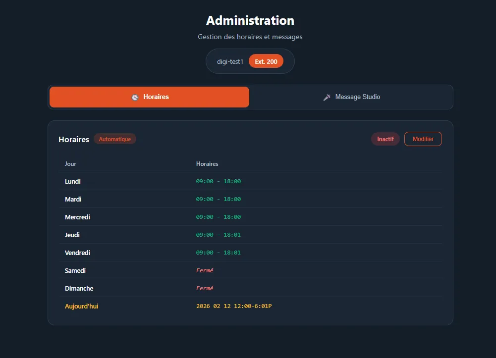Onglet Horaires du portail d’administration Digitis Cloud