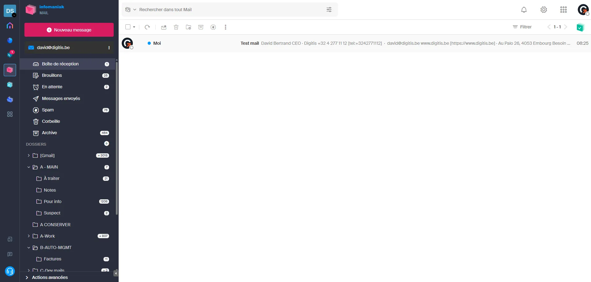 Boîte de réception Infomaniak Mail sur ordinateur, interface proche de Gmail
