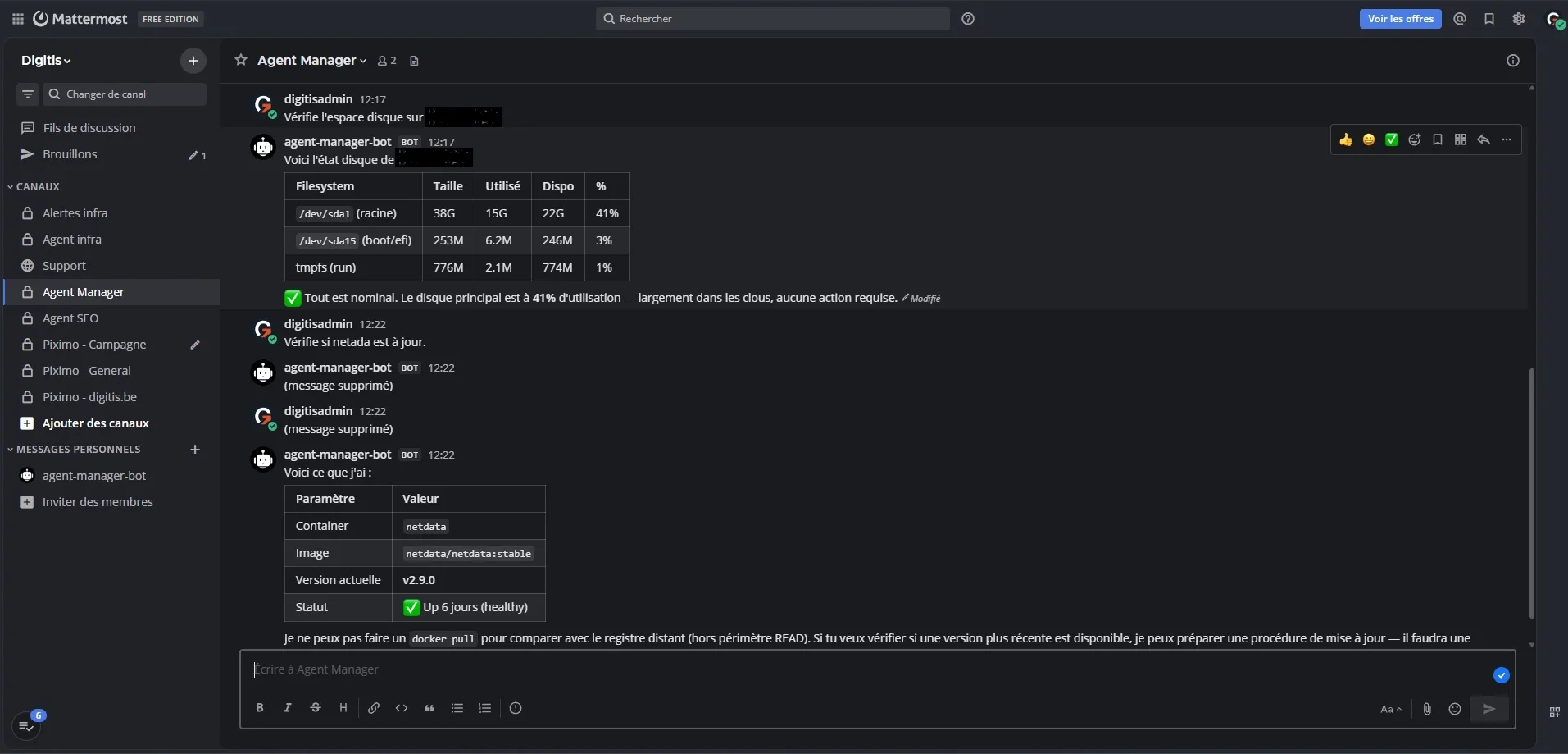 Agent IA repondant a une demande de verification serveur dans la messagerie