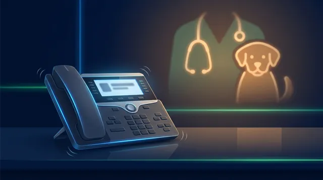 Un téléphone de cabinet vétérinaire affiche le nom de l'appelant pendant qu'une consultation se poursuit en arrière-plan