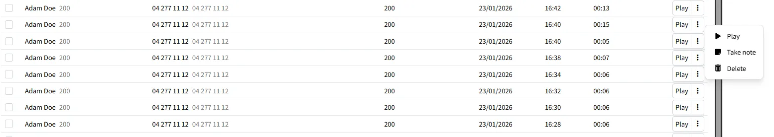Liste des enregistrements avec actions