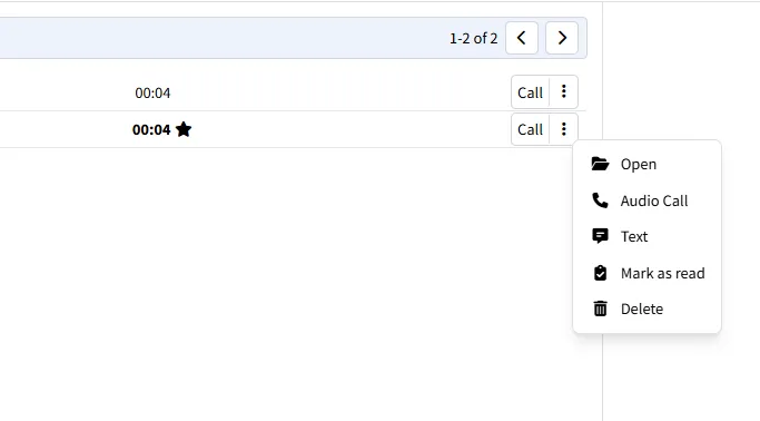 Menu actions messagerie vocale