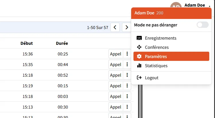 Menu utilisateur : cliquez sur votre nom puis Paramètres