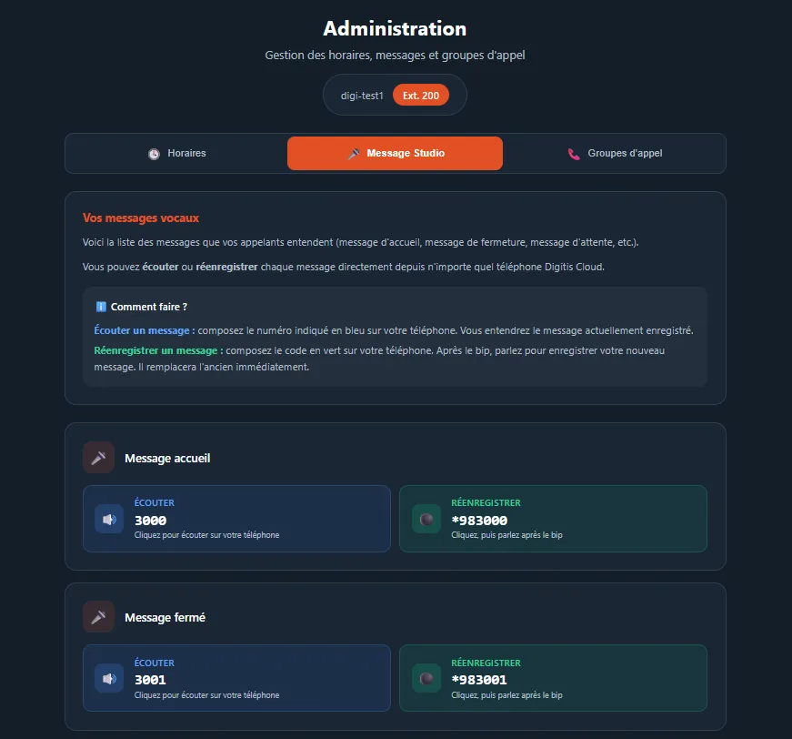 Onglet Message Studio du portail d’administration Digitis Cloud