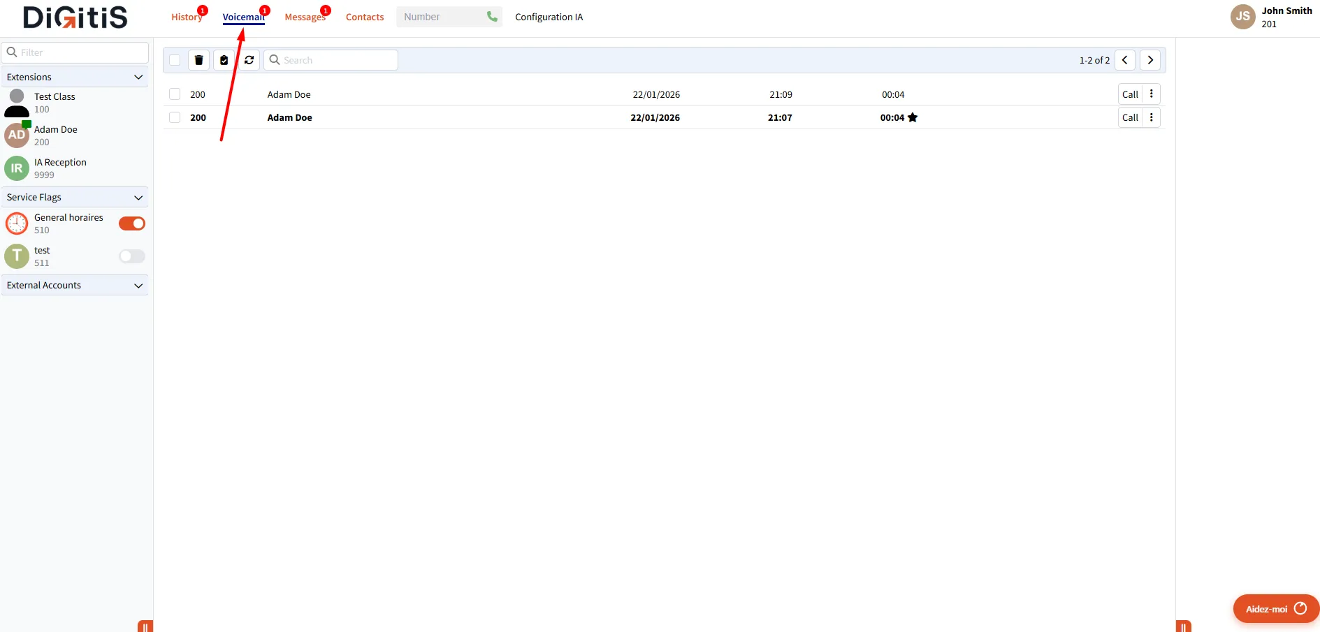 Onglet Voicemail dans Digitis Cloud