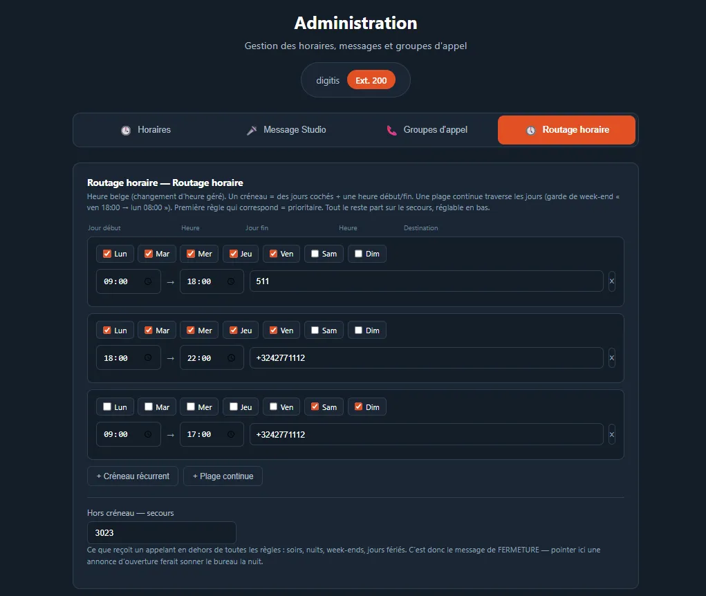 Onglet Routage horaire du portail d’administration Digitis Cloud