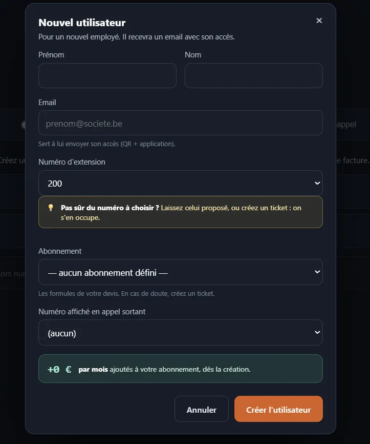 Formulaire d’ajout d’un utilisateur dans le portail d’administration Digitis Cloud