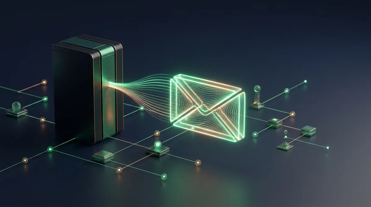 Enveloppe d'email lumineuse sortant d'un serveur européen, contacts synchronisés en réseau sur fond sombre